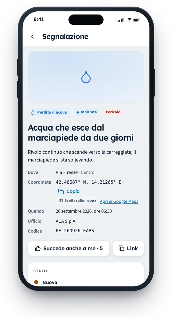 Scheda di una perdita d'acqua con stato, coordinate e conferme